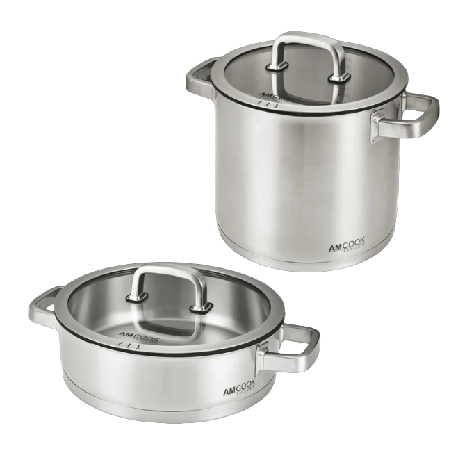 AMCOOK Senna S4 Plus Topfset 2-teilig Edelstahl Induktion 9L Topf 28cm Servierpfanne Glasdeckel Dampfauslass