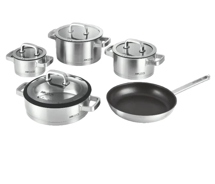AMCOOK Senna S9 Plus Topfset 6-teilig Edelstahl Induktion mit Glasdeckel Antihaft Pfanne energiesparend