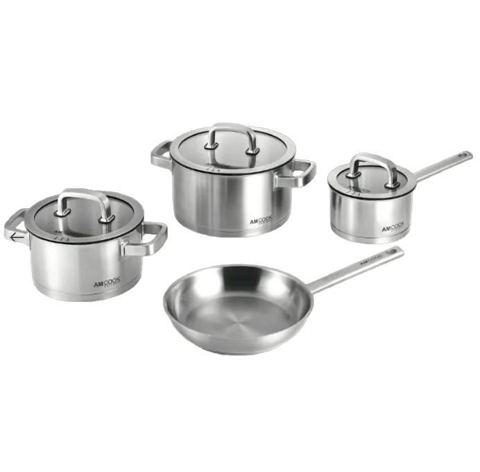 AMCOOK Senna S7 Topfset 7-teilig Edelstahl Induktion Glasdeckel Dampfauslass Pfanne unbeschichtet