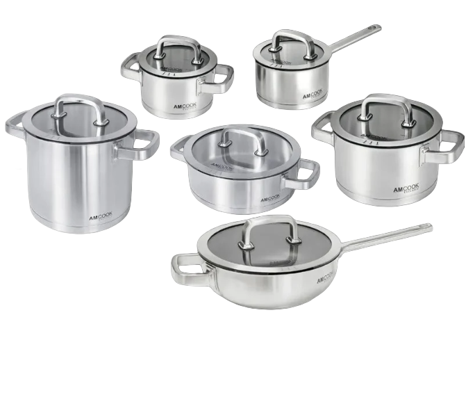 AMCOOK Senna S12 Topfset Pfannenset Wok Set 12-teilig Edelstahl Induktion Glasdeckel Dampfauslass