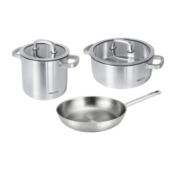 AMCOOK Senna S5 Topfset 5-teilig Edelstahl Induktion Glasdeckel Dampfauslass Pfanne unbeschichtet